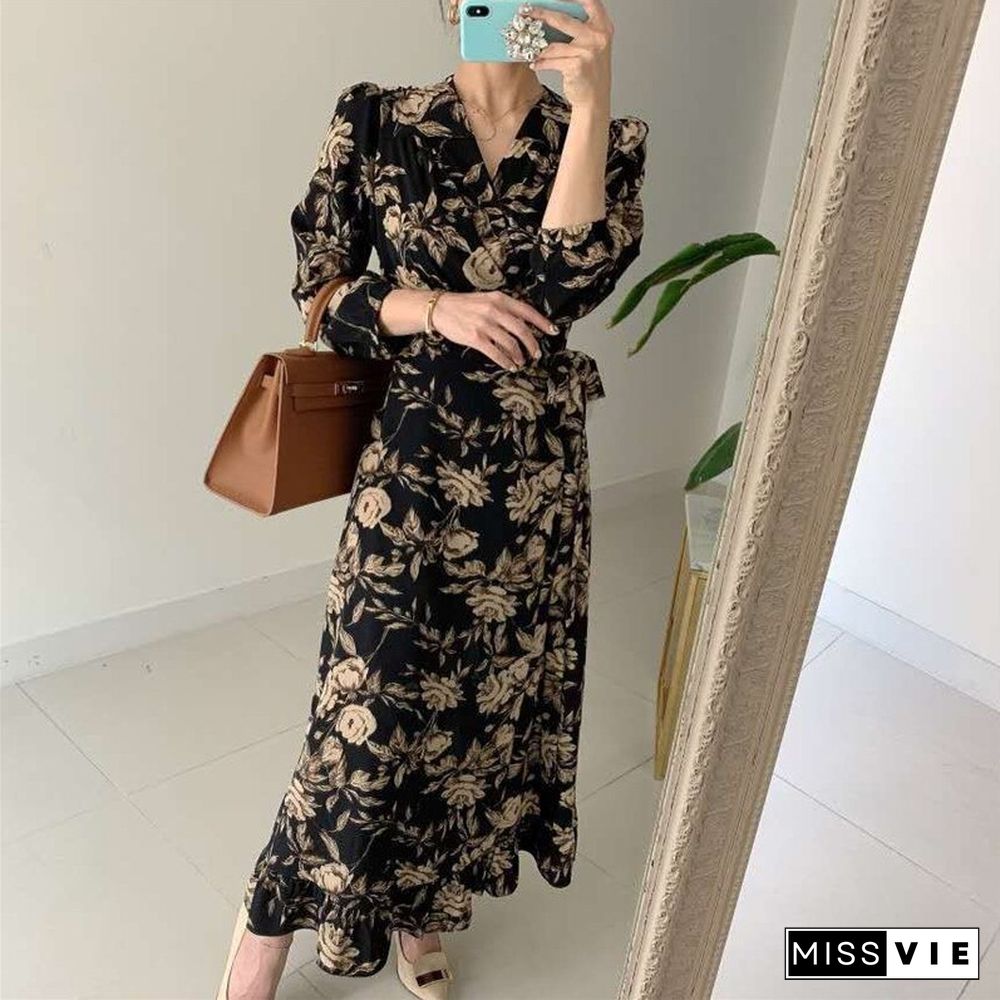 retro chic floral print elegant long dress outgoing spring women's dress all-match sweet embroidery mermaid new arrivals