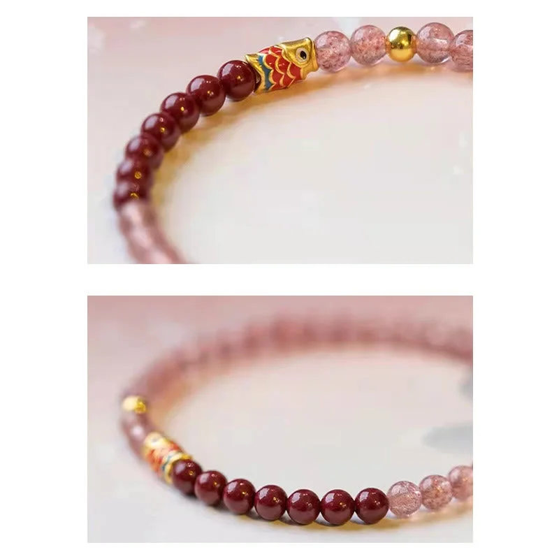 Cinnabar Strawberry Quartz Lucky Koi Fish Healing Bracelet