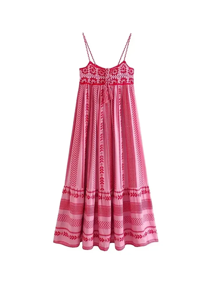 Women Bohemian Vacation Charm Splice Knitted Vintage Strap Maxi Dress