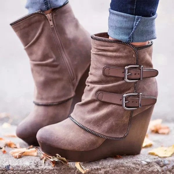 HUXM Wedge Faux Suede Zipper Ankle Boots