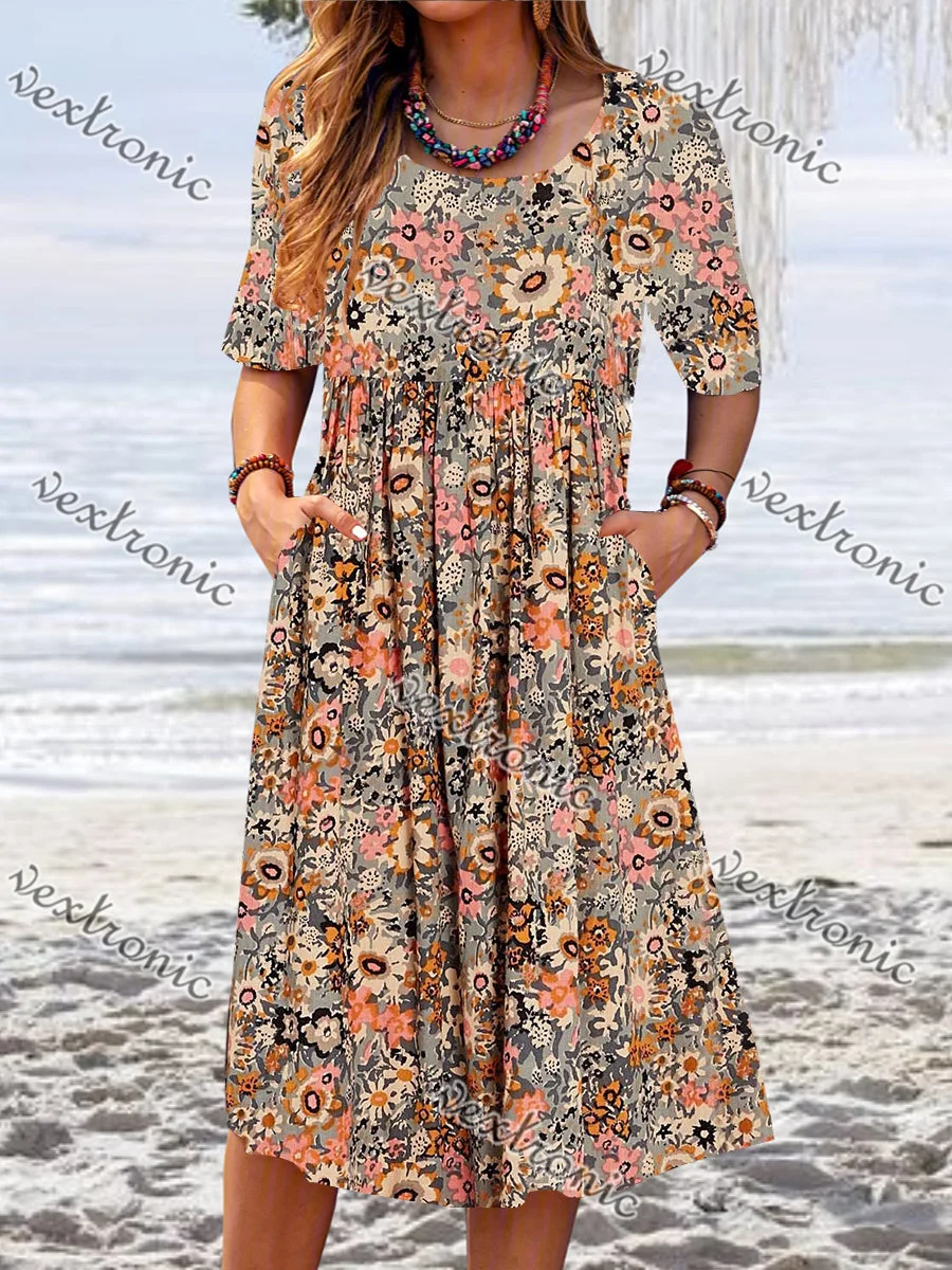 Women Orange Short Sleeve Scoop Neck Floral Printed Pockets Midi Dress