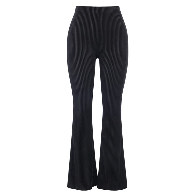 InsGoth Long Sleeve Crop Top Women Black Sets Streetwear Gothic Flare Pants Off Shoulder Bodycon Top