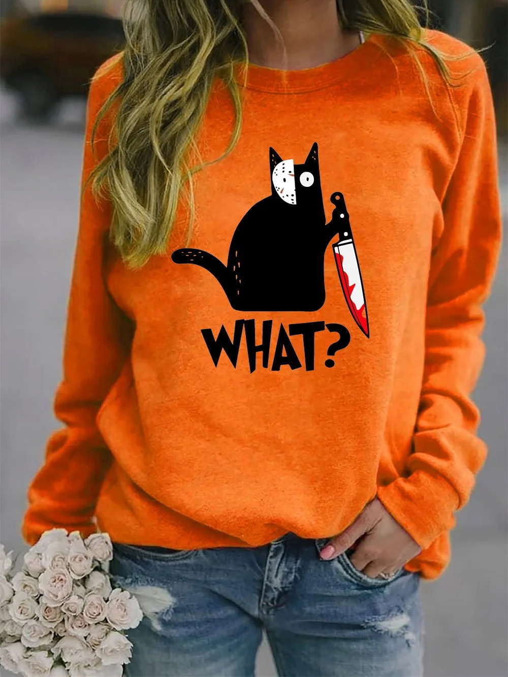 Women's Cute Cat WHAT Print Sweatshirt