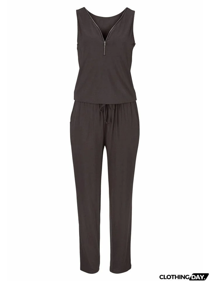 Pretty Sexy Zipper Sleeveless Solid Color Jumpsuit