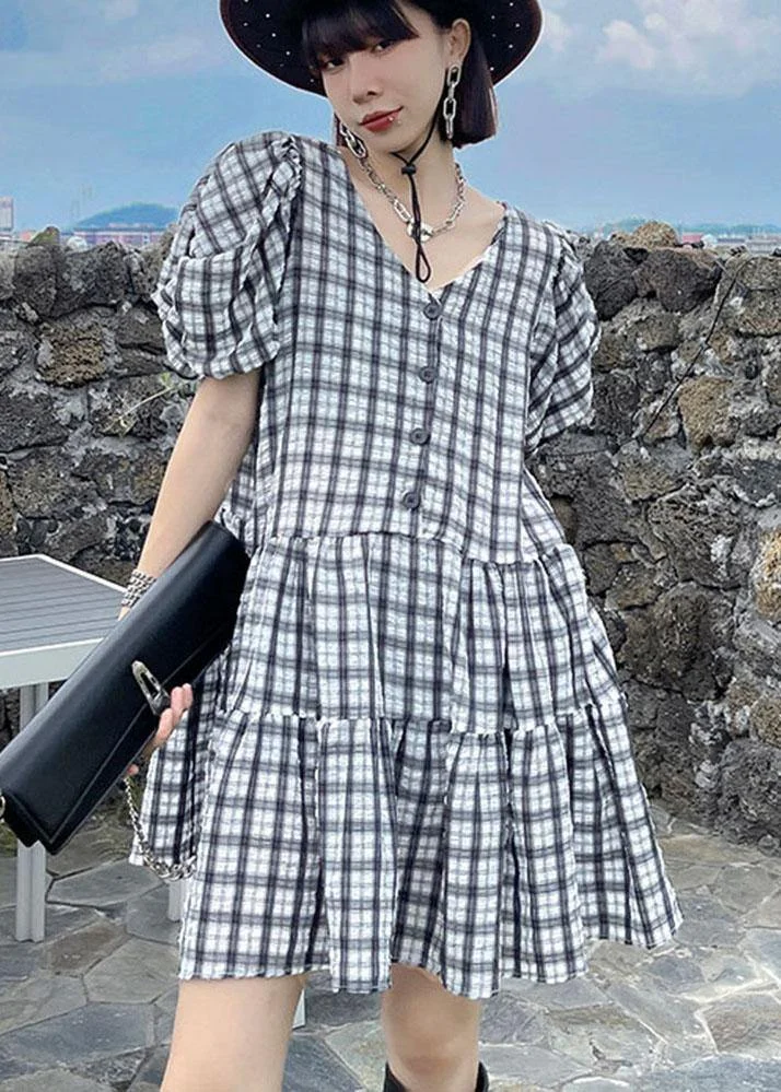 Boho Black White Plaid Patchwork Vacation Dress Summer