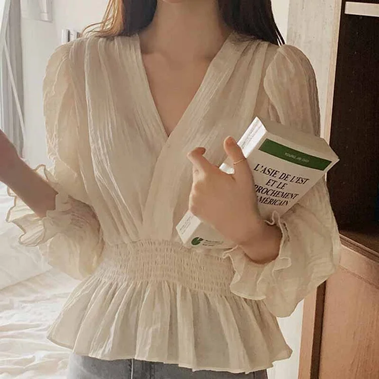 Blusas 2021 Spring Sweet Shirt Elegant Korean Style Pleated Casual Lady Tops V-neck Elastic Waist Puff Sleeve Blouse Women 12728