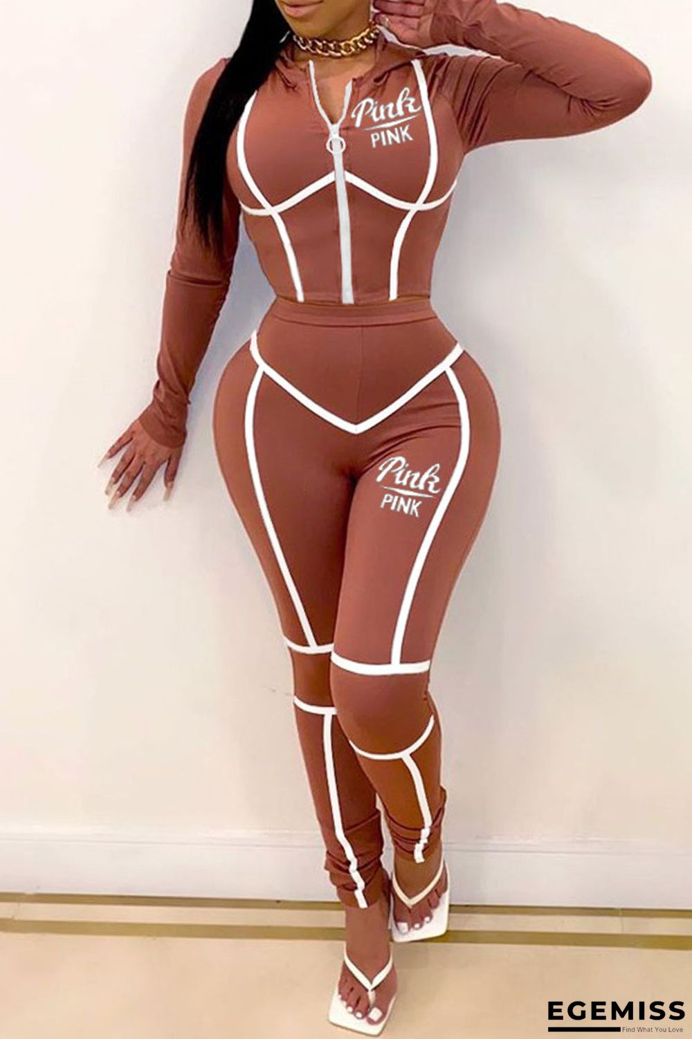 Brick Red Casual Print Patchwork Hooded Collar Long Sleeve Two Pieces | EGEMISS