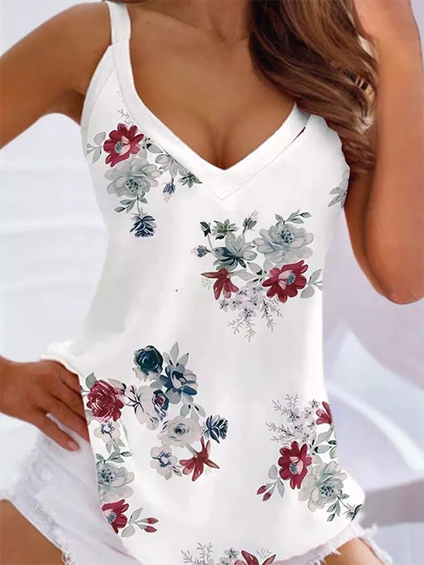 Floral V-Neck Casual Camisole - White