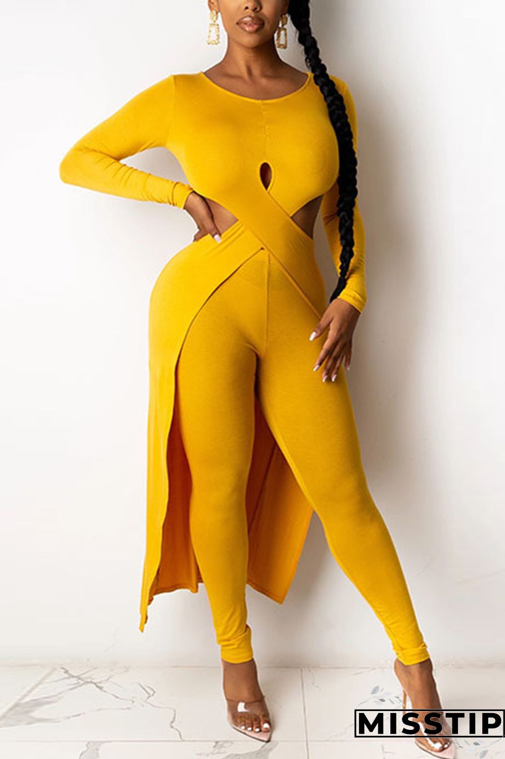 Coffee Fashion Sexy Long Sleeve O Neck Regular Sleeve Longer In The Rear Solid Two Pieces