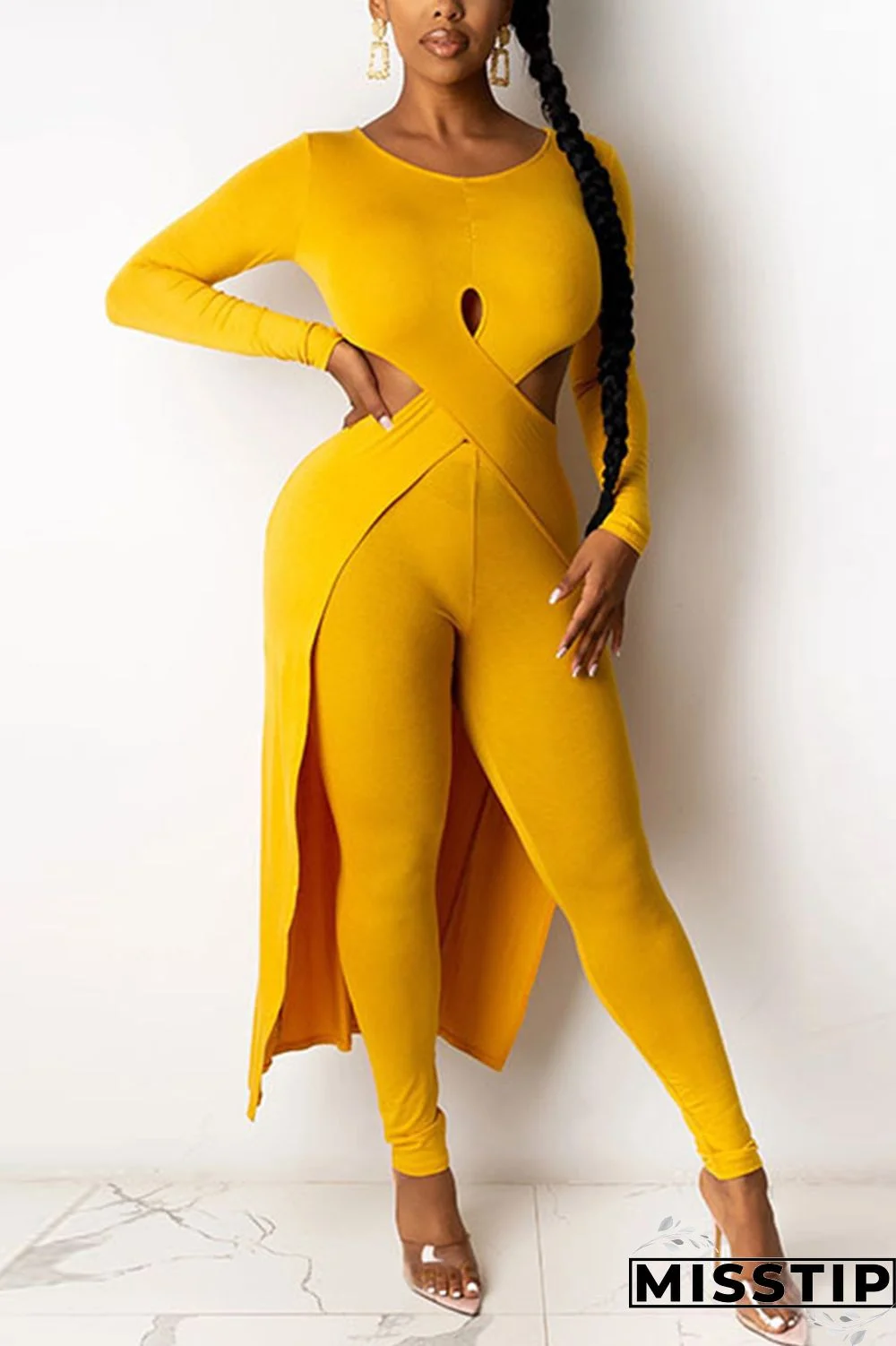 Coffee Fashion Sexy Long Sleeve O Neck Regular Sleeve Longer In The Rear Solid Two Pieces