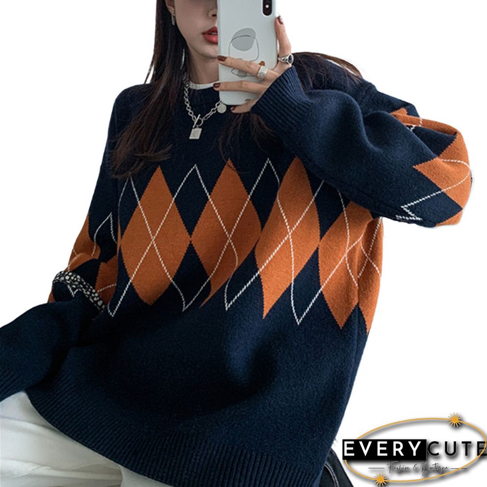 Women Argyle Knitted Sweater Autumn Winter O Neck Oversized Pullovers Korean Preppy Style Loose Jumper Female Sweaters