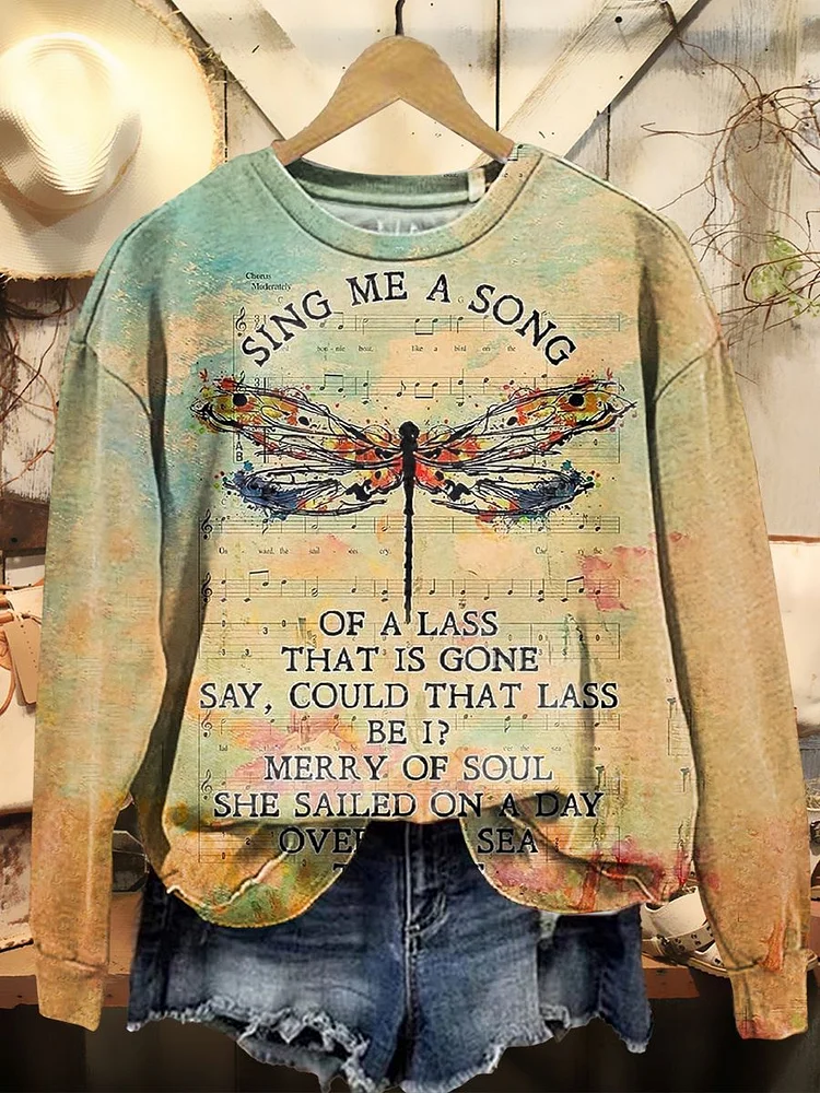 Women's Vintage Dragonfly Print Casual Crew Neck Sweatshirt