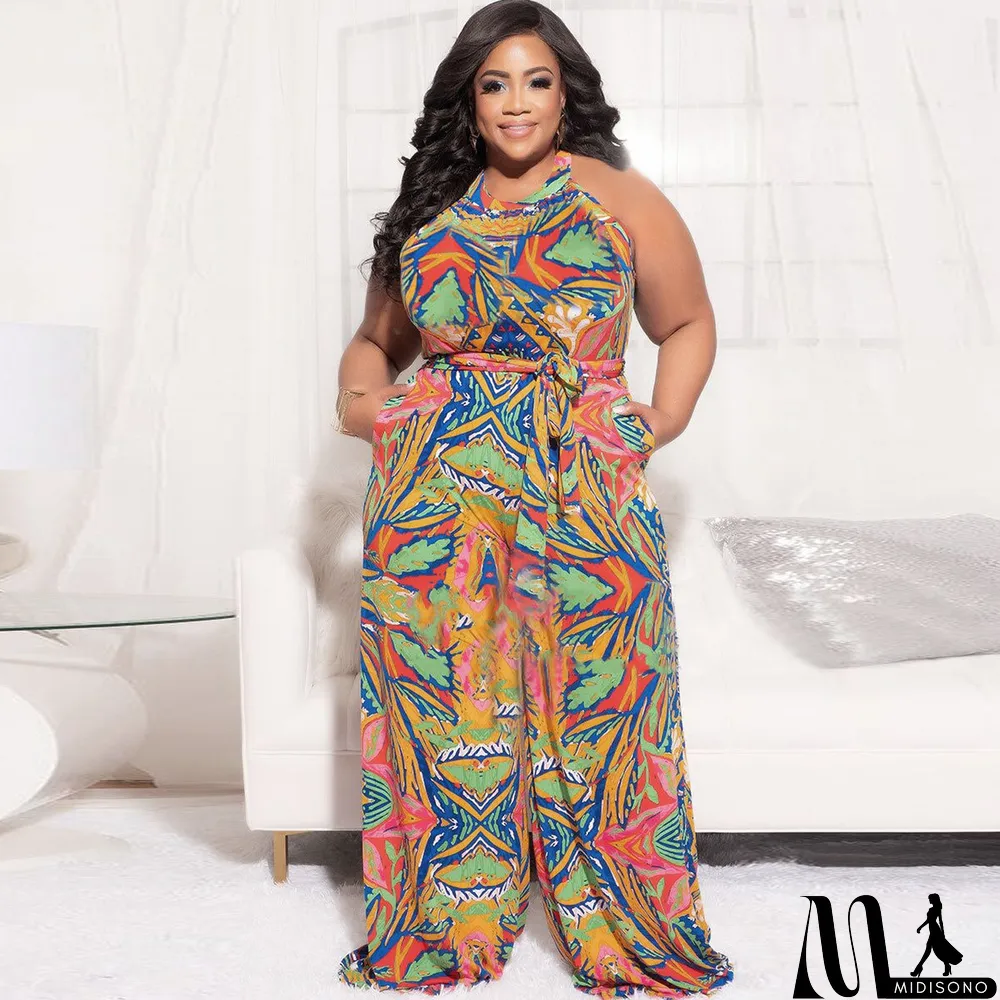 MidiSono - sexy fancy straps large size printed jumpsuit nightclub outfit