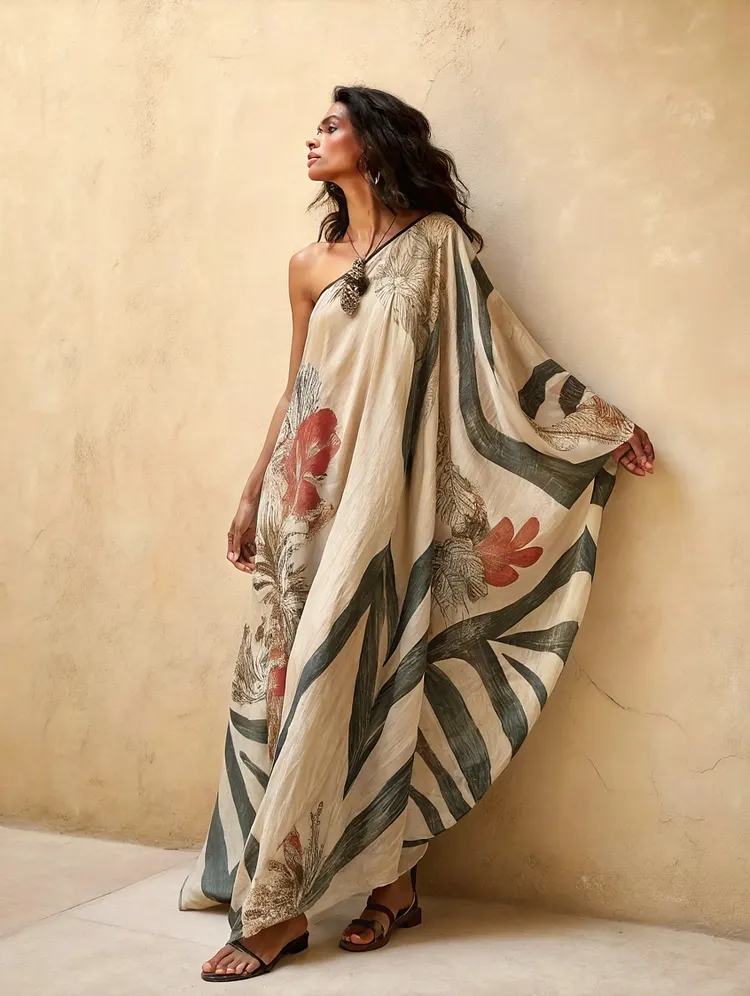 One-shoulder Floral Texture Flowing Cotton And Linen Kaftan