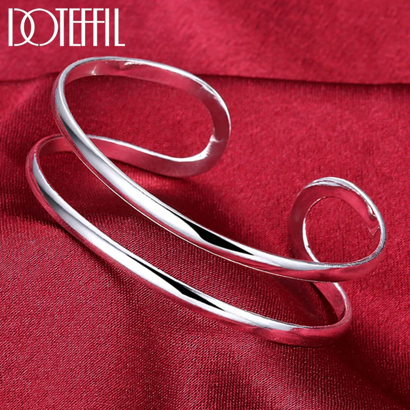 DOTEFFIL 925 Sterling Silver Double Circle Line Bangle Bracelet For Woman Jewelry