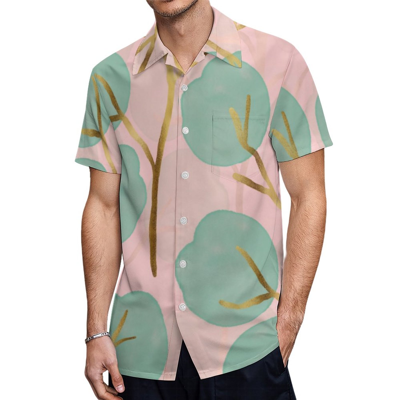 Cute Gold Mint Tree Shapes Minimal Pink Pattern Hawaiian Shirt Mens Button Down Tropical Hawaii Beach Shirts