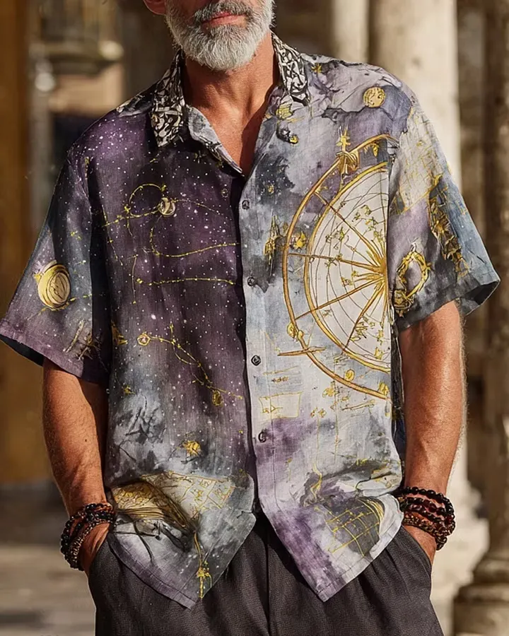 Men's Summer Fashion Star and Moon Embroidery Linen short-sleeved shirt 3088