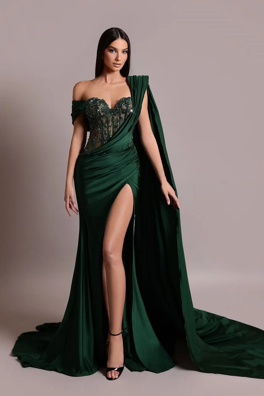 Daisda Dark Green Sleeveless Sweetheart Asymmetric Beadeds Mermaid Prom Dress 