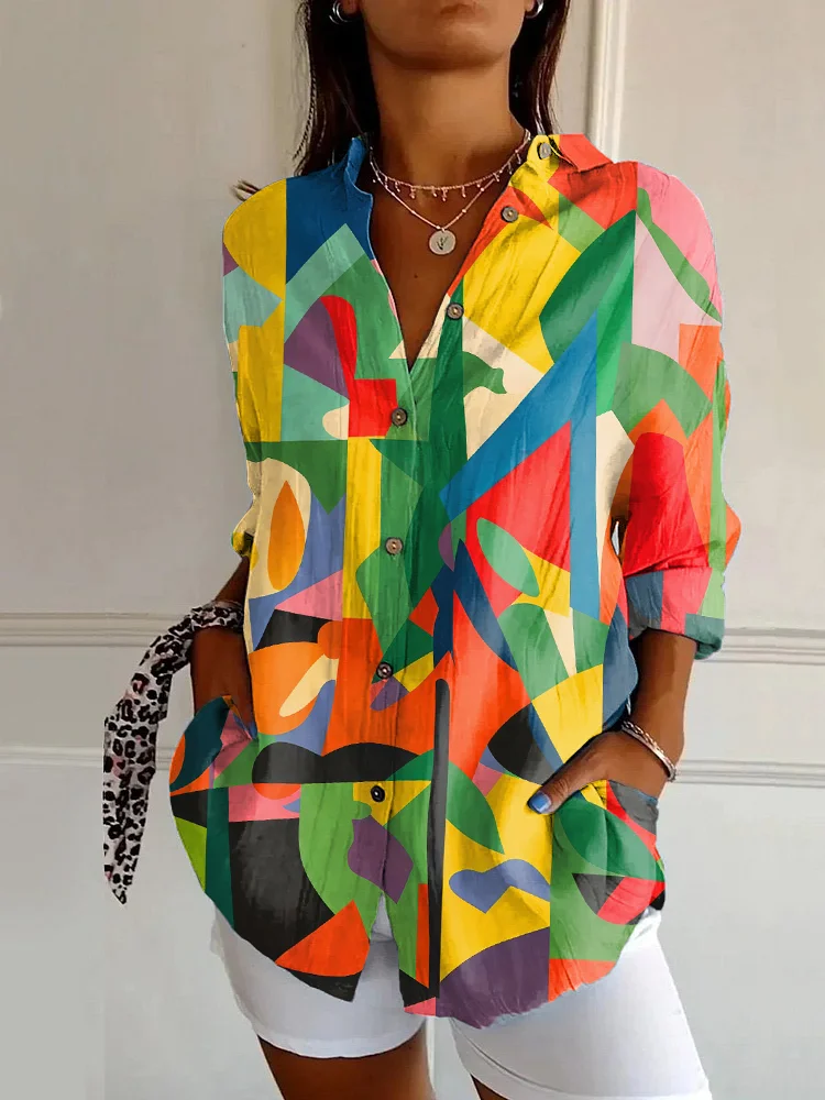 Retro Bright Color Minimalist Abstract Art Long Sleeve Shirt