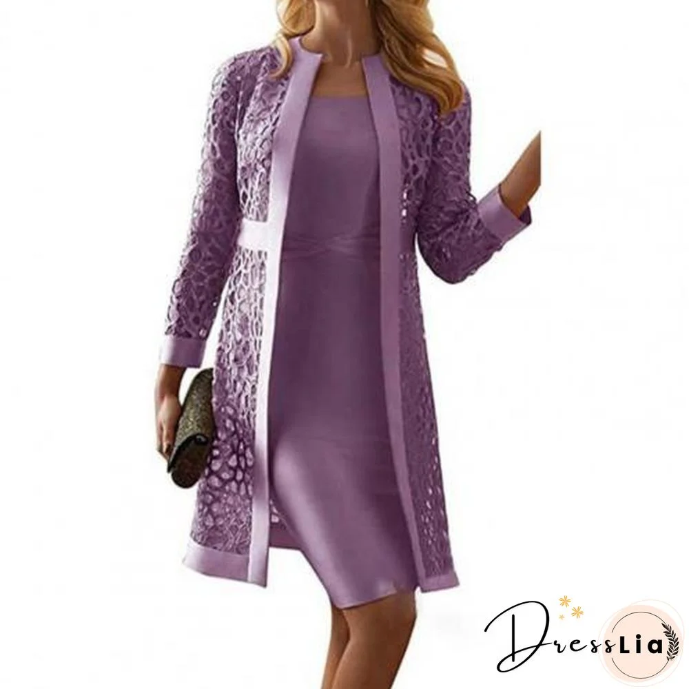 Plus Size Women Outfit Solid Color Lace Cardigan Long Sleeve Knee-Length Dress Coat Set Office Fashion Elegant Dress Sets