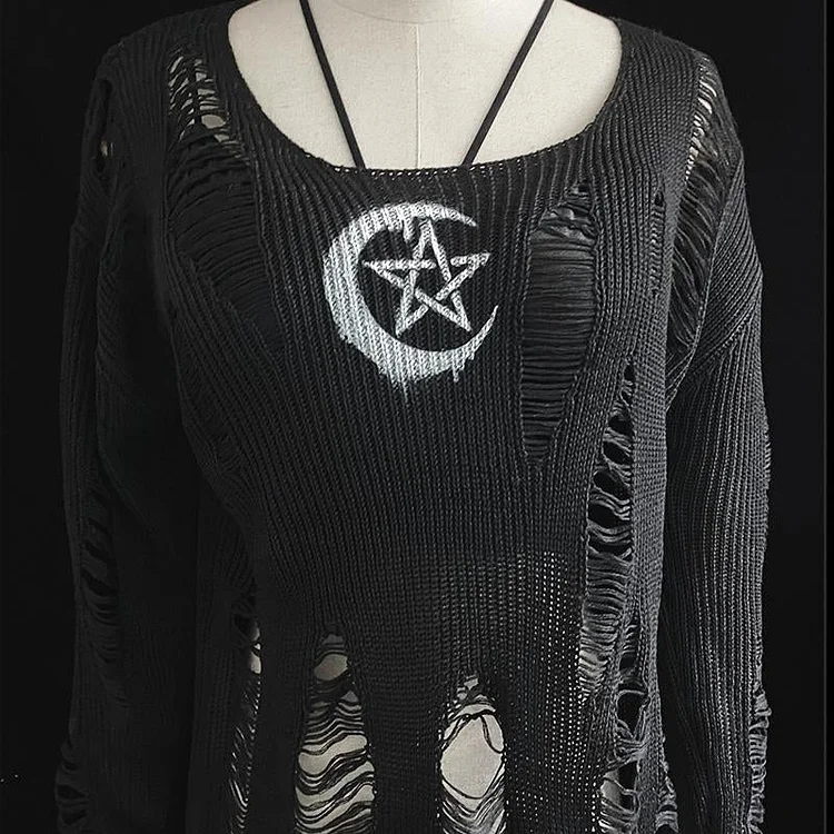 Rock Long Sleeve Round Neck Hollow Out Sweater
