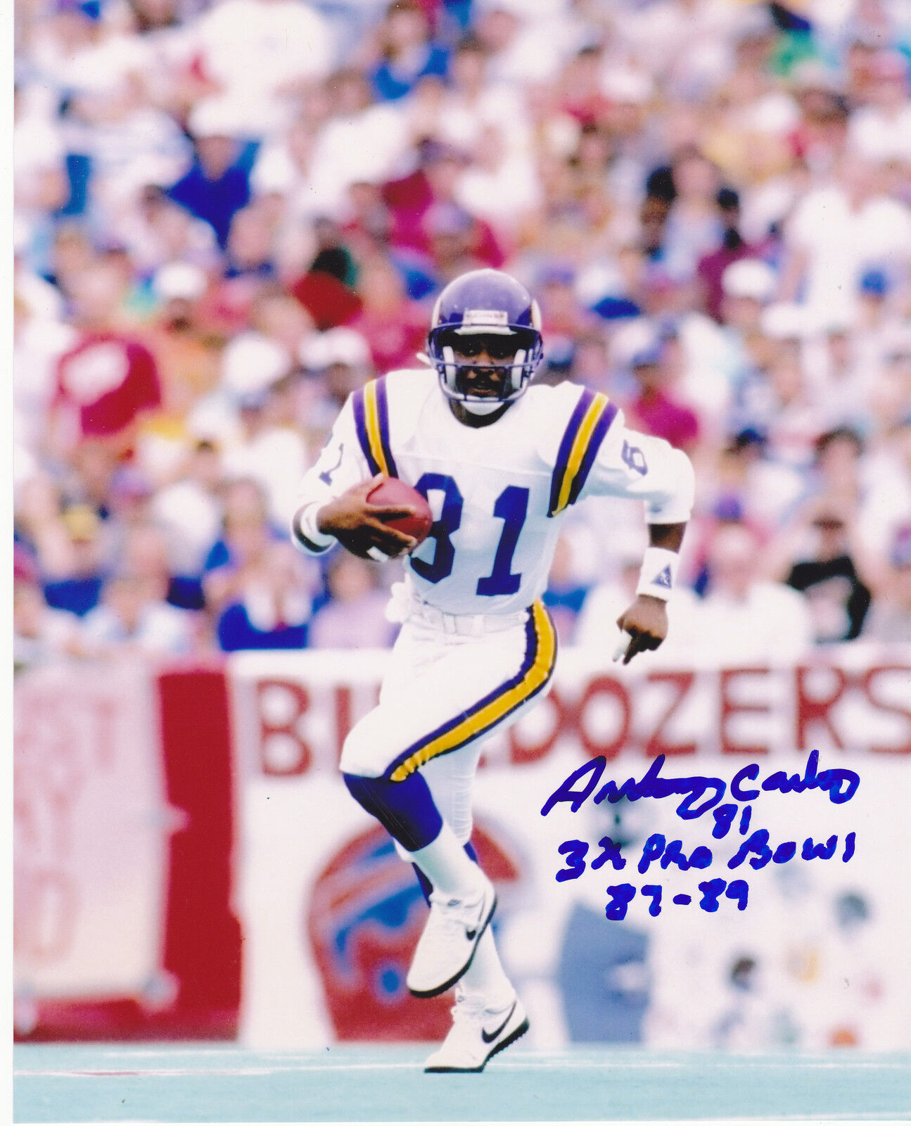 ANTHONY CARTER MINNESOTA VIKINGS 3 X PRO BOWL 87-89 ACTION SIGNED 8x10