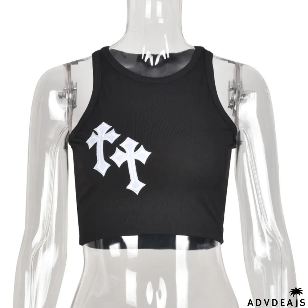 Women Summer Black Streetwear O-Neck Solid Crop Top