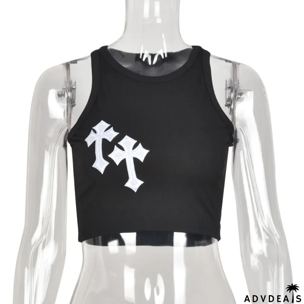 Women Summer Black Streetwear O-Neck Solid Crop Top