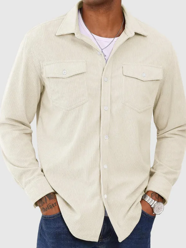 Men's Corduroy Turndown Collar Button Up Pockets Long Sleeve Shirt