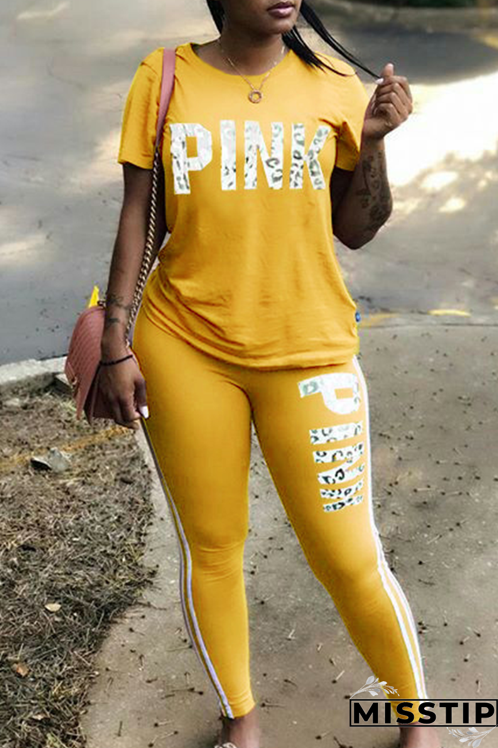 Yellow Casual Street Print Basic O Neck Short Sleeve Two Pieces