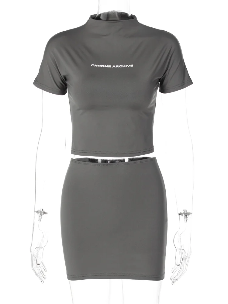 Uveng Letter Print Solid Turtleneck Short Sleeves Crop Top Skirts 2 Pcs Set Sexy Slim Summer Fashion Outfit Streetwear Sports