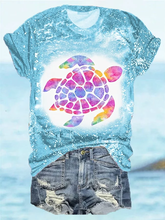 Women's Water Color Sea Turtle Bleach Print Tee-mysite