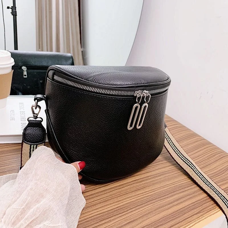 Solid Color Leather Ladies Bag 2021 Winter New Fashion Shoulder Bag Wide Shoulder Strap Messenger Bag Retro Soft Wallet