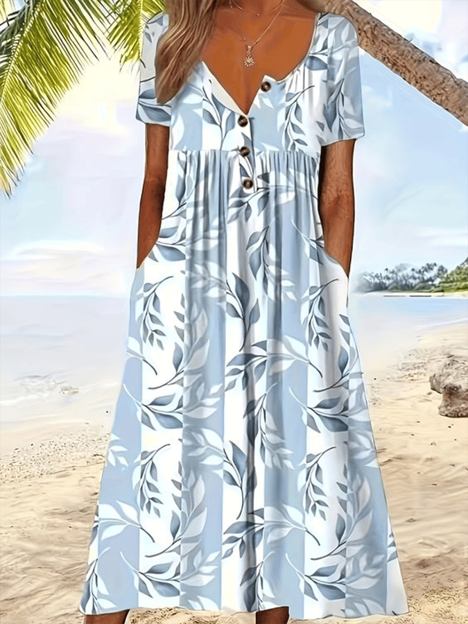 Women's Fashionable Floral Print Pleated Waist Midi Dress