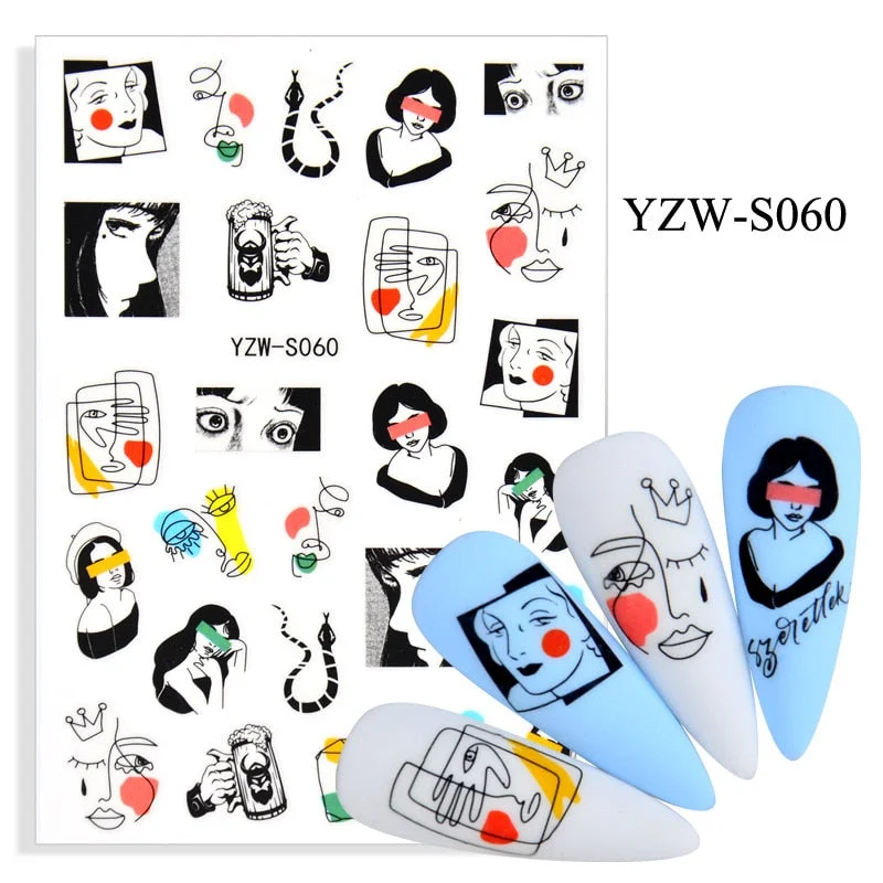 Sexy Lady Shaped Fashion Nail Sticker Geometric Abstract Line Nails Inspired Decals Art 3D Adhesive Sliders Manicure Accessory-Nail Inspo