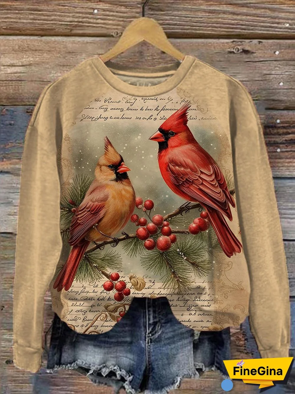 Vintage Cardinal Bird Print Long Sleeve Women's Top