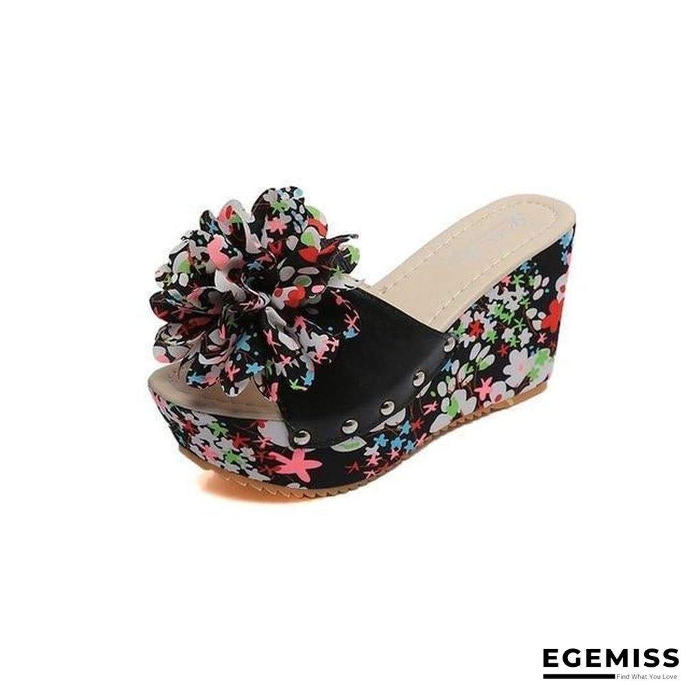 Women Thick Floral Flower Wedge Sandals High Heel Slipper Sandal Shoes | EGEMISS