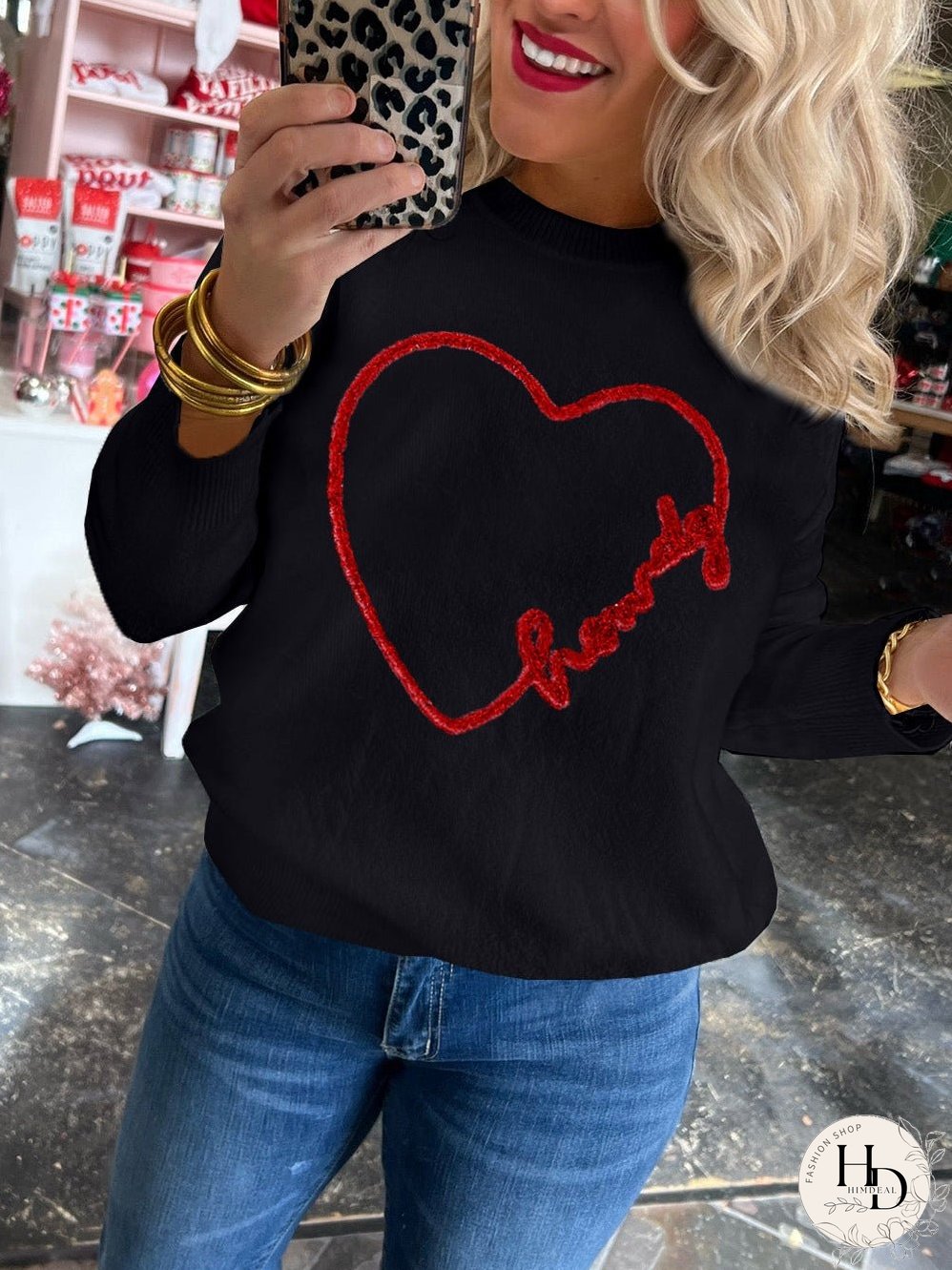 Heartfelt Black Graphic Round Neck Sweater