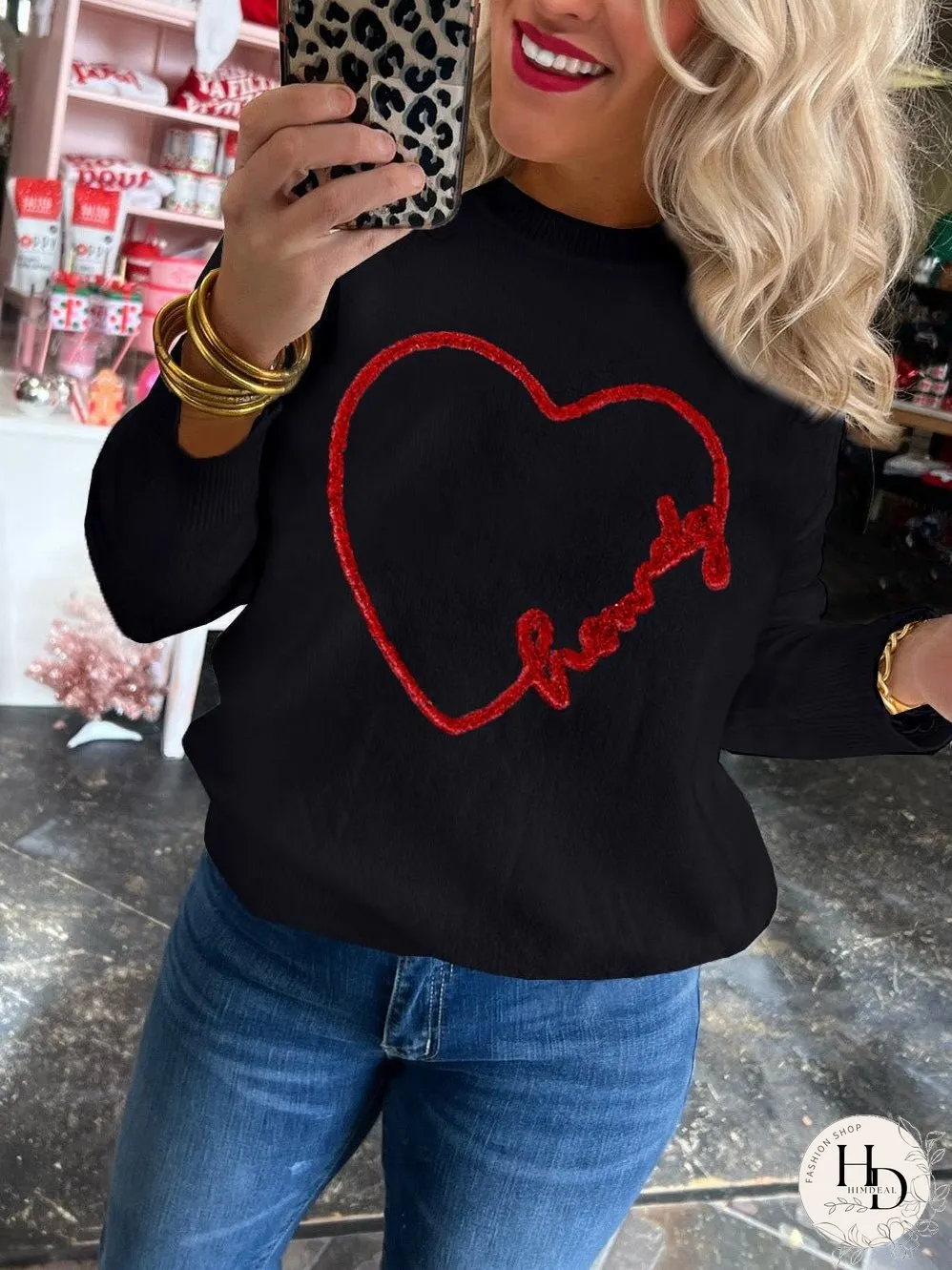 Heartfelt Black Graphic Round Neck Sweater