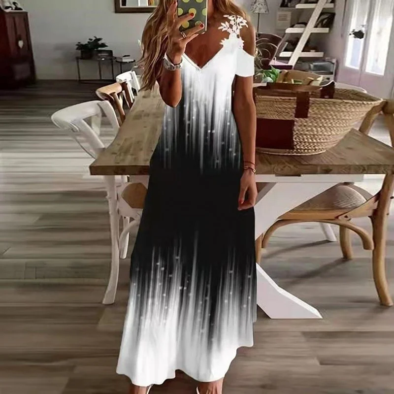 Floral Loose V Neck Casual Striped Maxi Dress