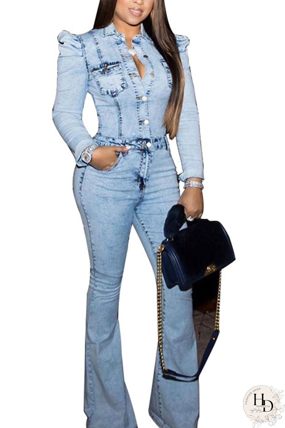 Dark Blue Sexy Denim Solid Buttons Turndown Collar Plus Size