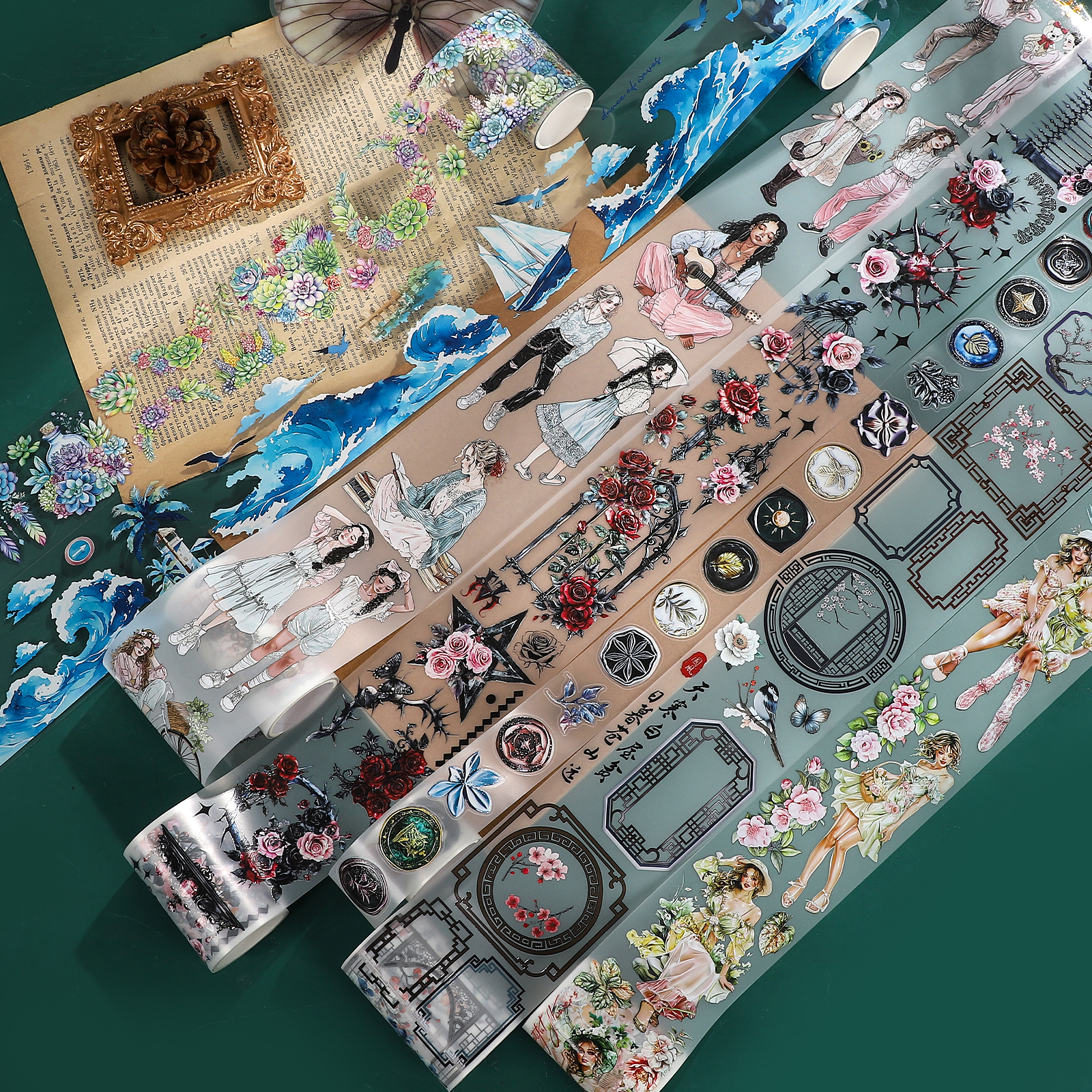 PET 테이프 - 200cm 빈티지 꽃 캐릭터 바다 파도 스탬프