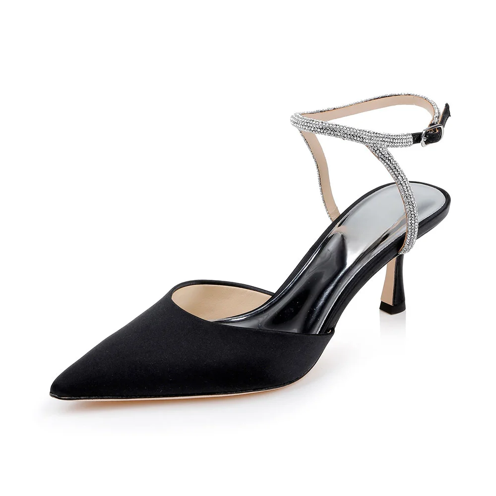 Pointed Toe Stiletto Heel Ankle Strap Black Pumps with Rhinestone