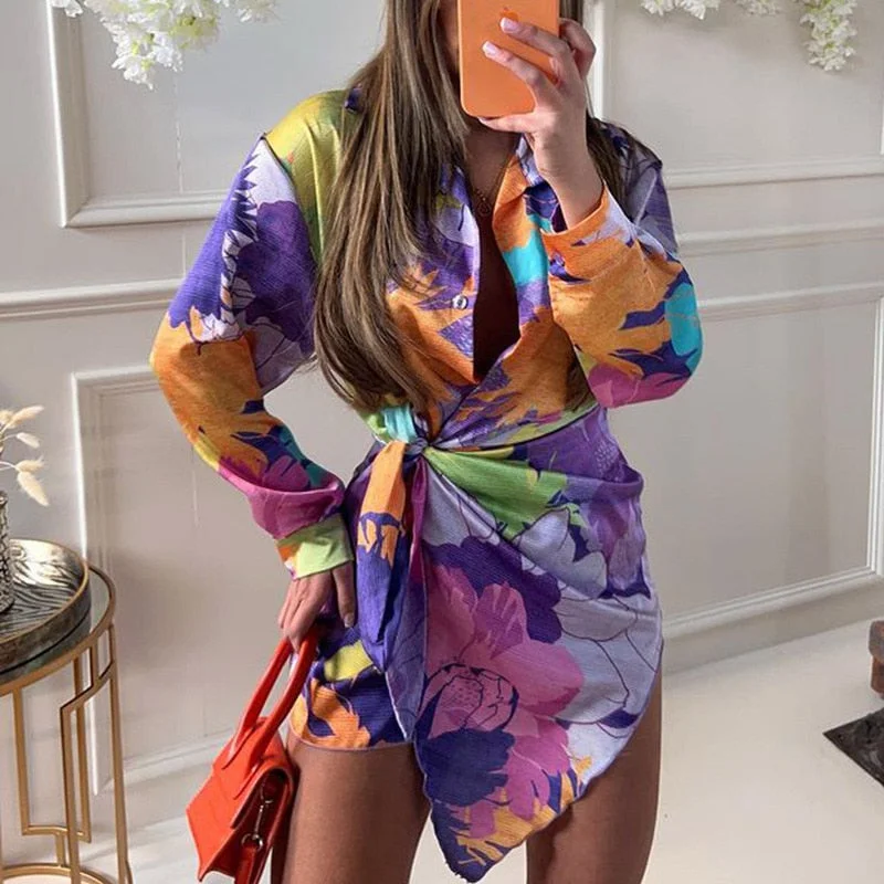Women Vitange Pattern Print Boho Shirt Dress Female Fashion Lapel Long Sleeve Lace Up Robe 2022 Summer High Slit Loose Dresses