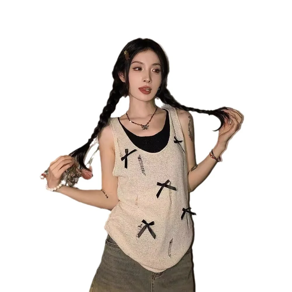 Uveng Uveng Girl Bows With Two Slings Vest Summer Dress Design Hole-Dcupy Knitting Top