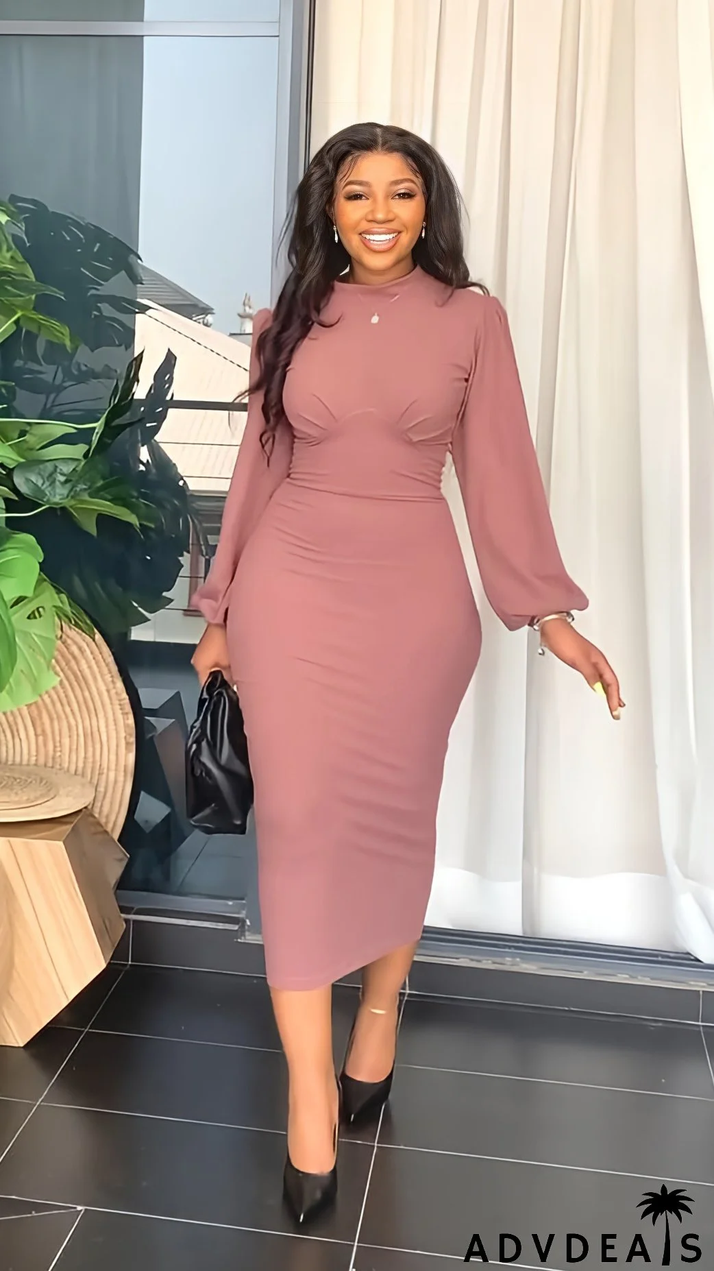 Chic Slit Long Sleeve Elegant Midi Women's Dress