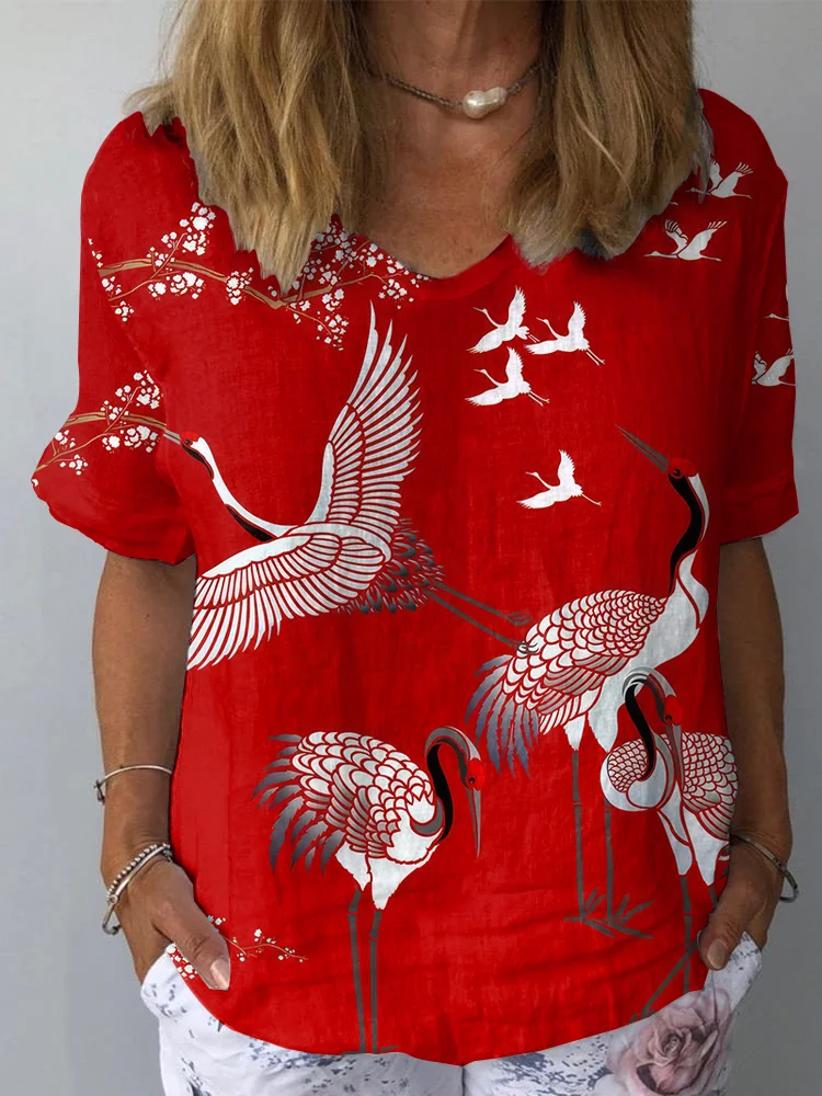 Women's Vintage Crane Art Print Casual V-Neck Cotton And Linen Top