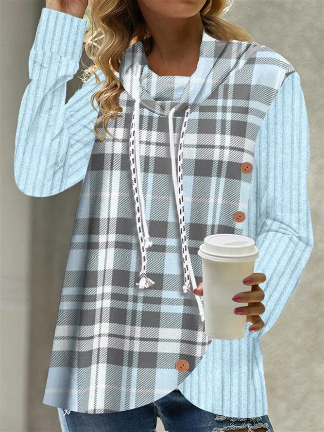 Women's Stitching Plaid  Printed Scoop Neck Long Sleeve Top