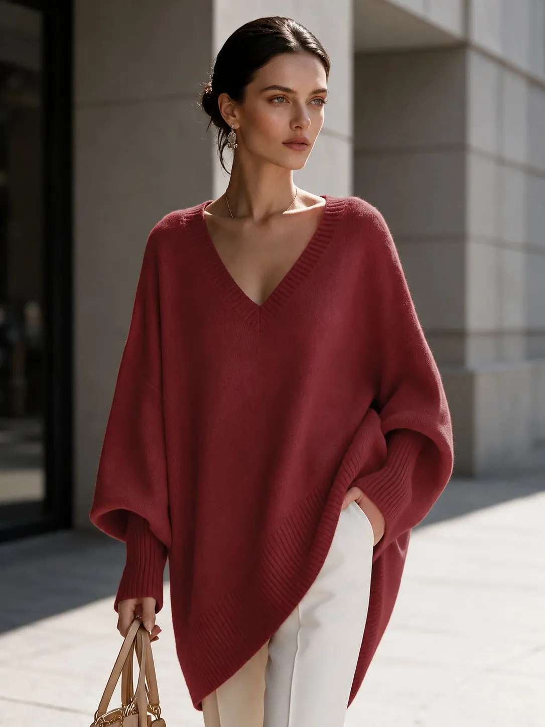 Women Oversized V Neck Knit Sweater