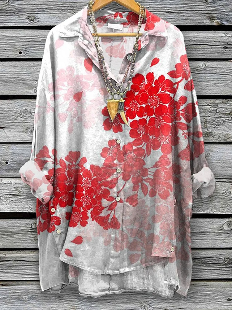 Women's Cherry Blossom Tree Art Printed Casual Cotton And Linen Shirt